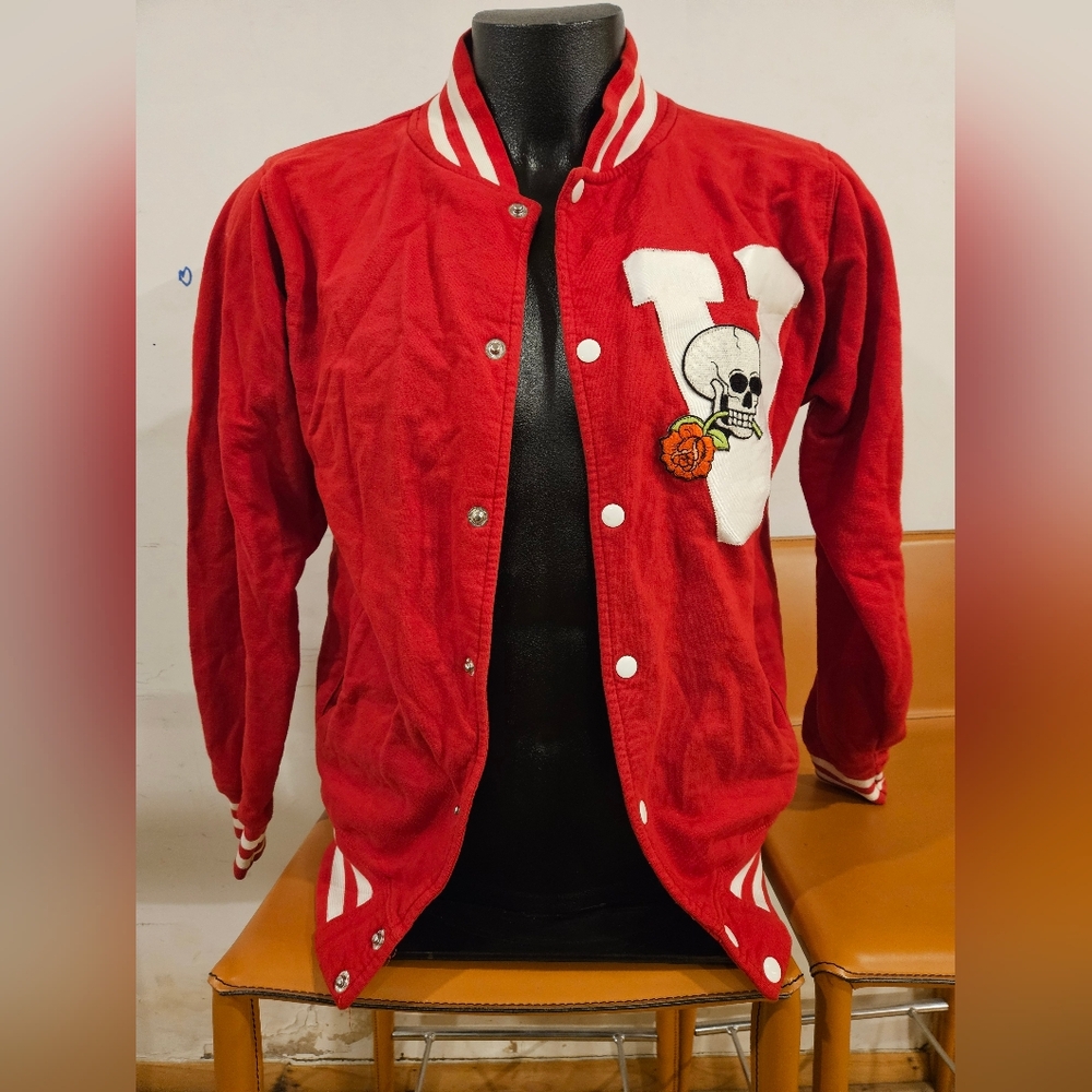 Red Varsity Jacket With Skull Patch - image 1